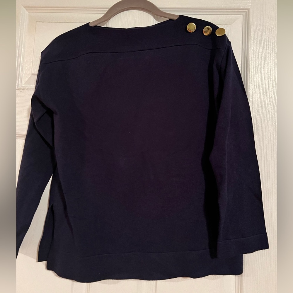 Zara navy blue boatneck sweater with gold button neckline